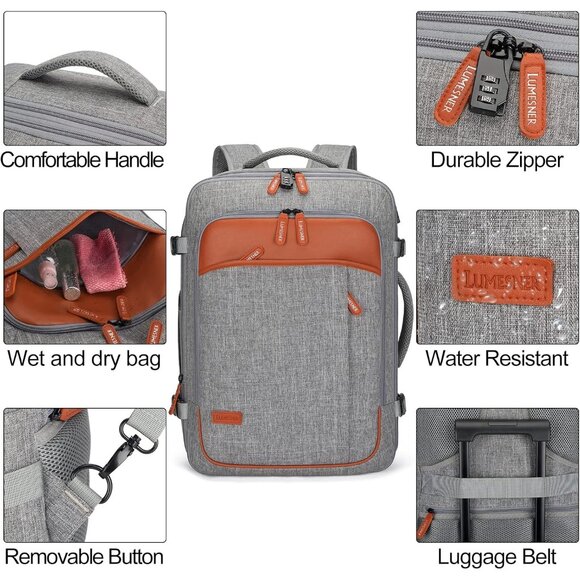 🆕Men Women Grey Polyester 40L Carry On Backpack Flight Approved With 3 Packing - Picture 6 of 8